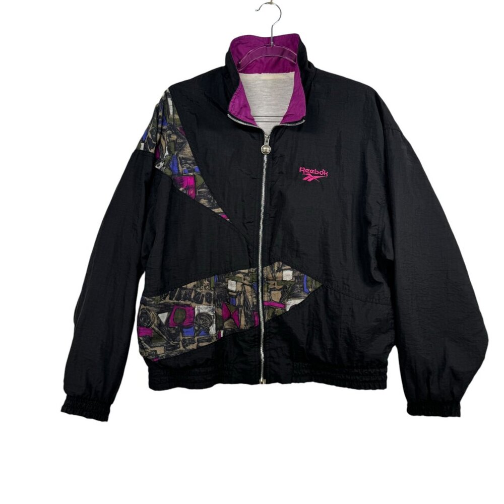 Vintage Reebok Windbreaker Jacket Black & Purple Abstract Size S 80s 90s Retro‎